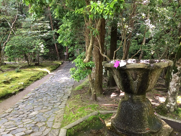 花のかざられた雨水鉢