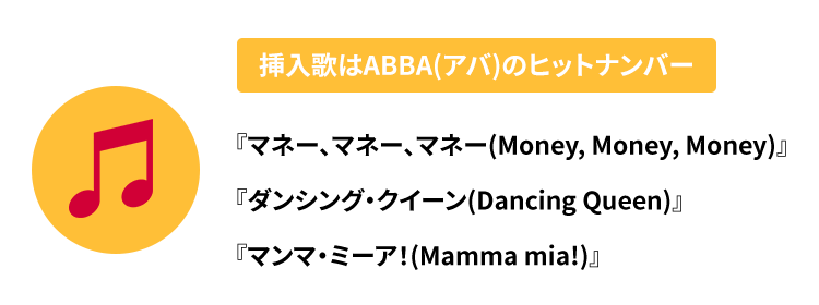 挿入歌は、全世界で愛されるポップスグループ：ABBA(アバ)のヒットナンバー