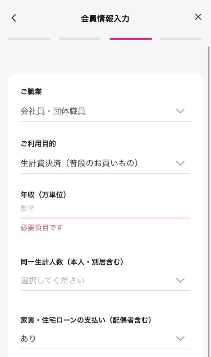 ペイディの会員情報の入力画面